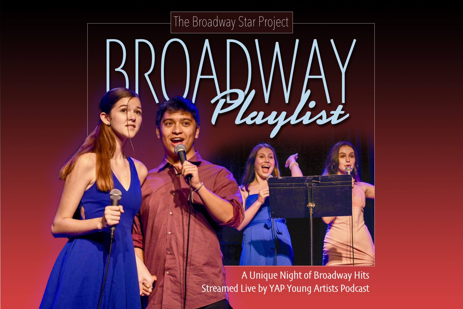 Young performers singing together in a Broadway cabaret.