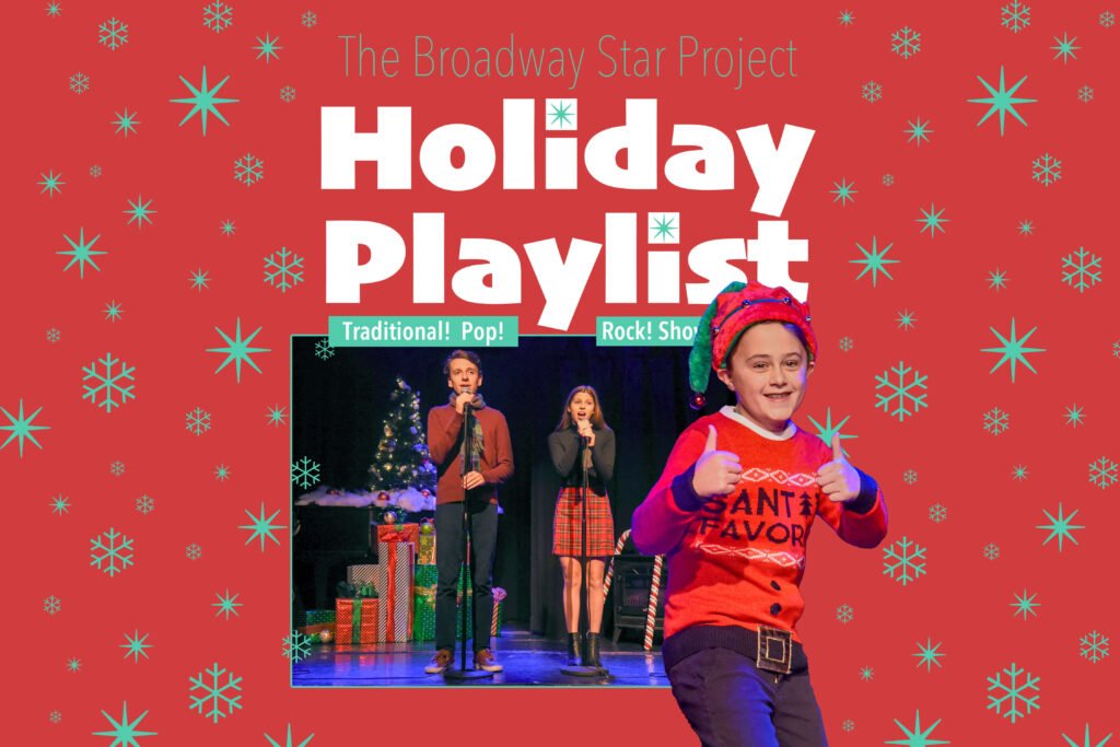 Young performers singing on a festive holiday stage.